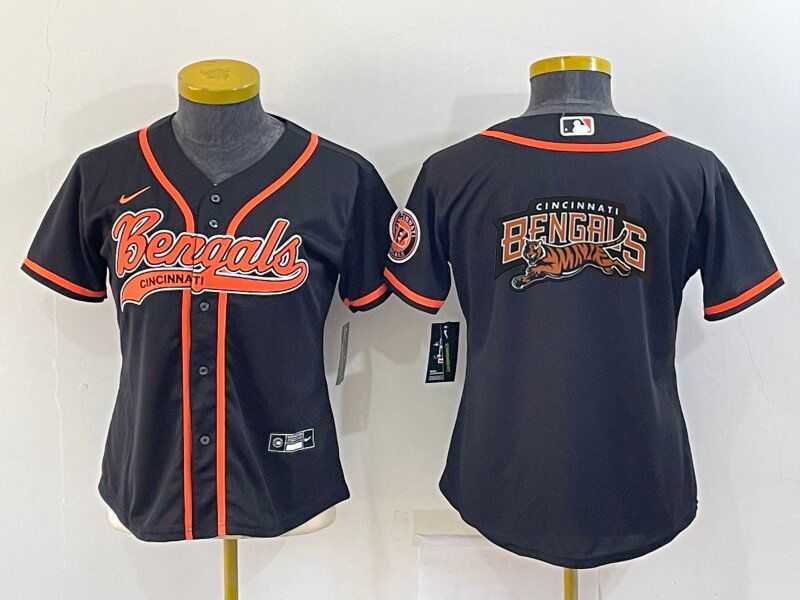 Womens Cincinnati Bengals Black Team Big Logo With Patch Cool Base Stitched Baseball Jersey